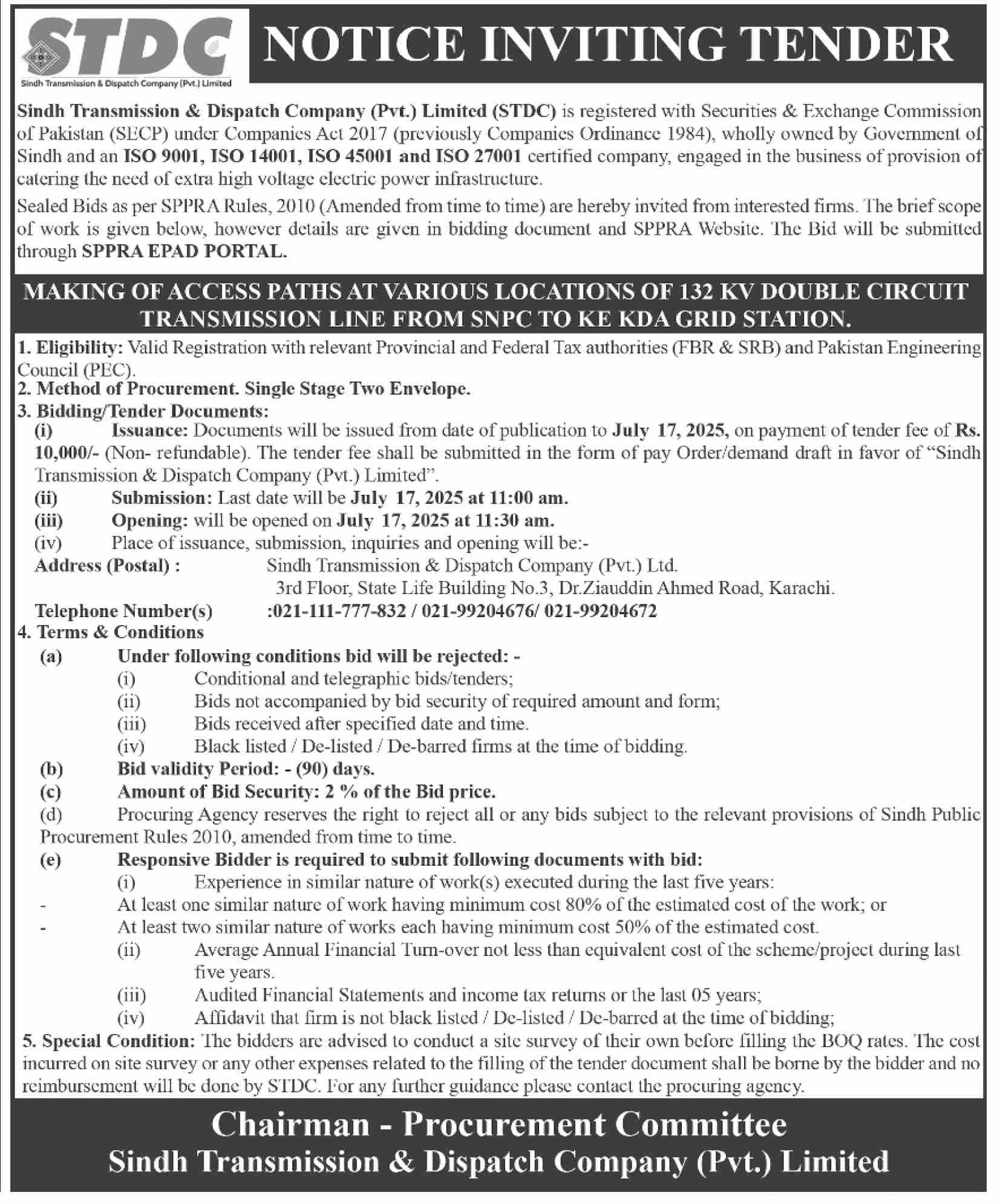 Sindh Transmission & Dispatch Company Limited Karachi Tender Notice